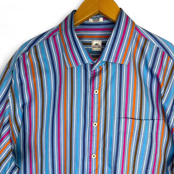 Peter Millar Men's Striped Button Up Shirt XL Blue Multi Stripe Dress Shirt - Picture 2 of 9